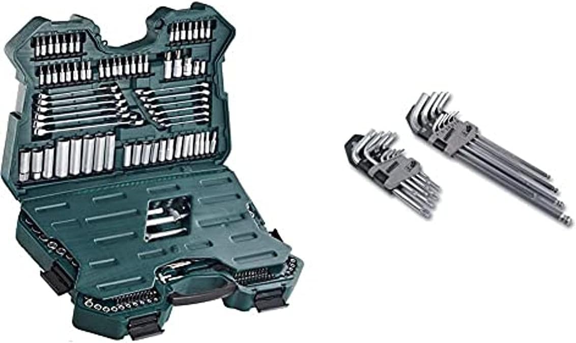 Mannesmann M98430 - Maleta de soquetes e outras ferramentas (215 peças, tamanho: 12x36x51 cm), Cor Verde Mannesmann