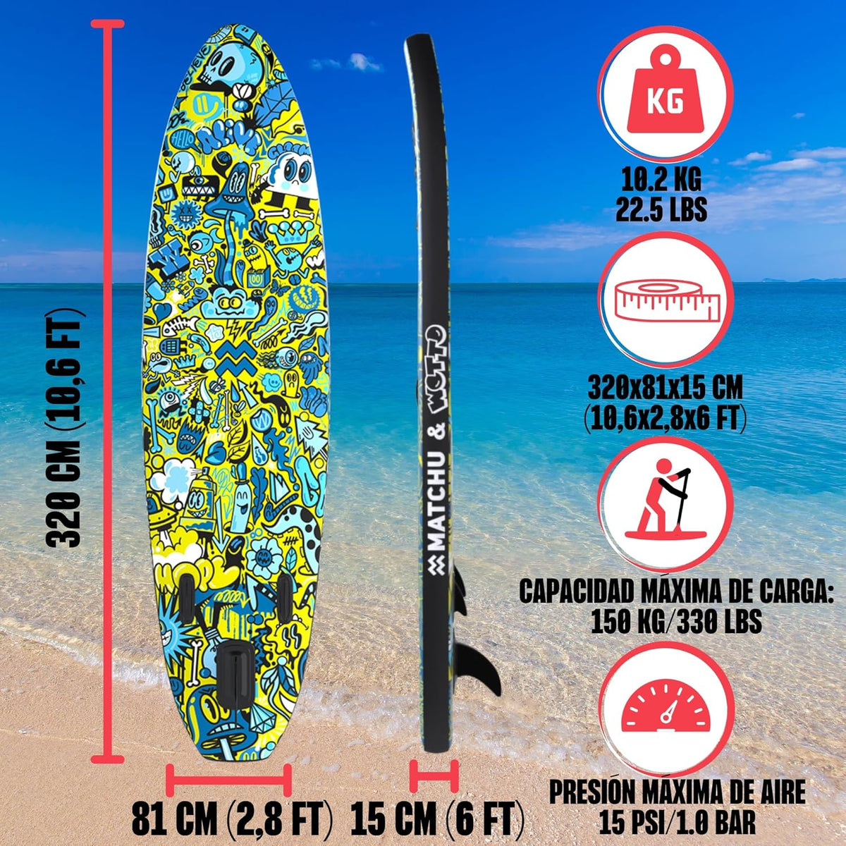 MATCHU - Prancha de SUP Inflável - Stand Up Paddle - Edição Limitada - Com Certificado - Kit Completo - 320x81x15 CM - 150 KG de Carga - Art Collection
