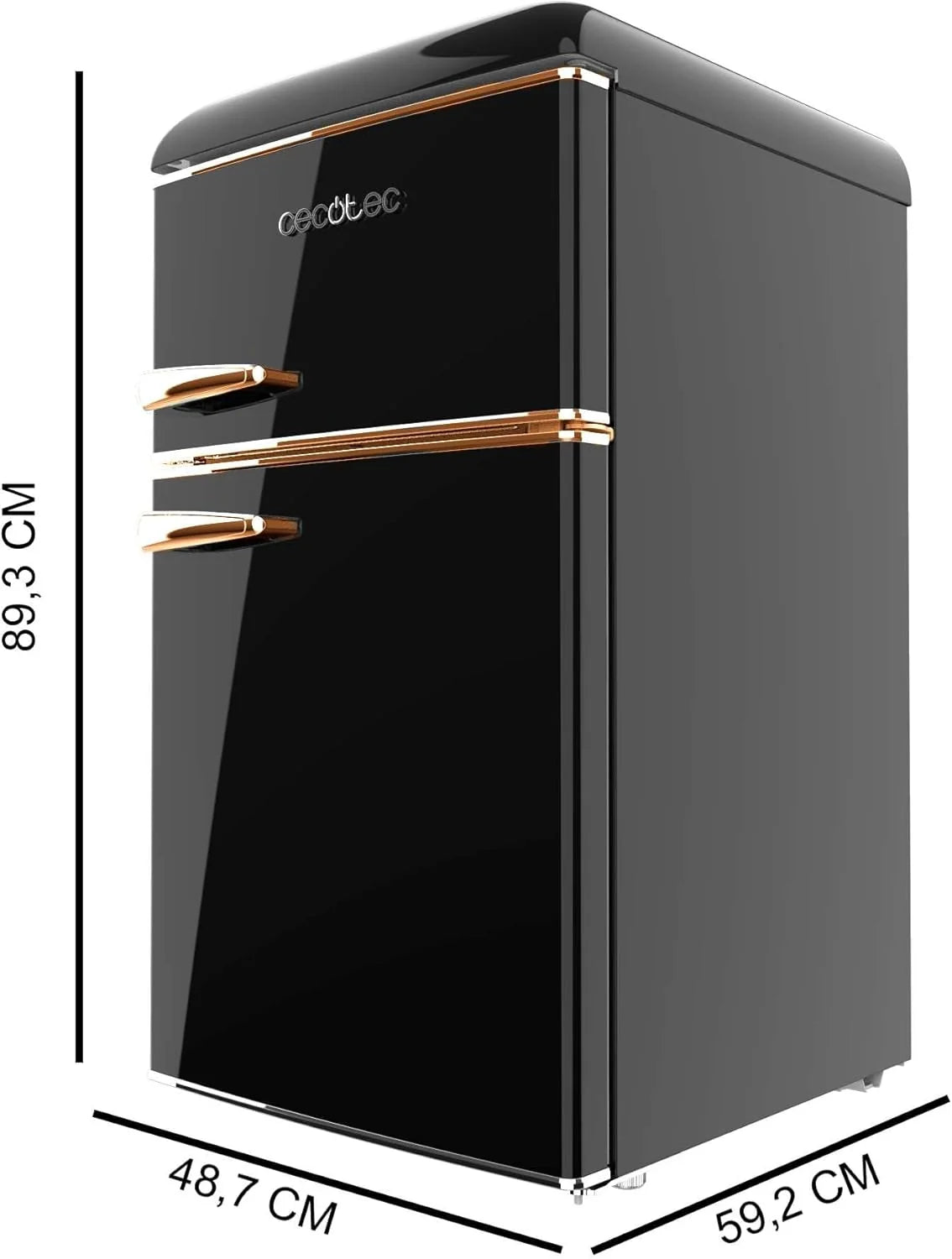 Geladeira Pequena Cecotec Frigorífico 2 Portas Retro 86L Bolero CoolMarket 2D Origin 86 Black E. 89,3cm de Altura e 48,7cm de Largura, Classe Energética E, Icebox, Luz Interior e Puxador Cromado, Preto