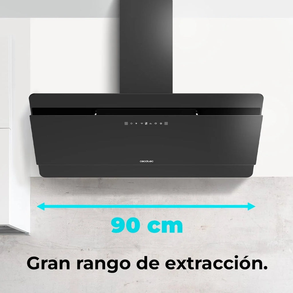 Cecotec Coifa Decorativa 90 cm Flux Dt 908000 Glass Black A++. Vidro Preto, 800m³/h de Potência, Motor 210W, A++, Controle Touch, 3 Níveis + Booster, Controle por Movimento de Mão