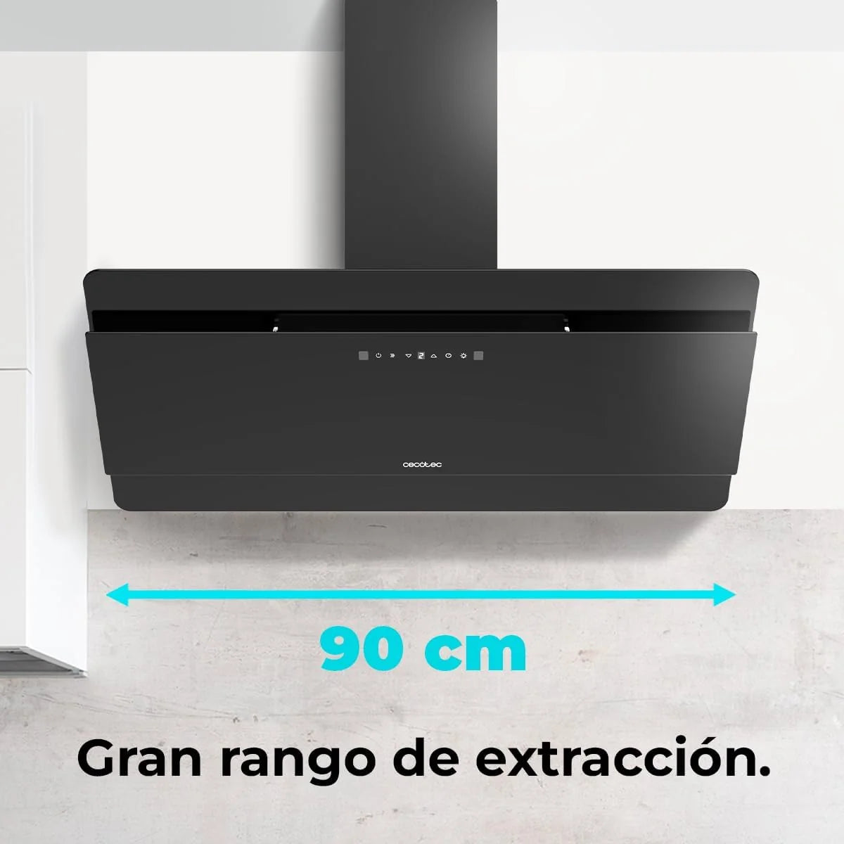 Cecotec Coifa Decorativa 90 cm Flux Dt 908000 Glass Black A++. Vidro Preto, 800m³/h de Potência, Motor 210W, A++, Controle Touch, 3 Níveis + Booster, Controle por Movimento de Mão