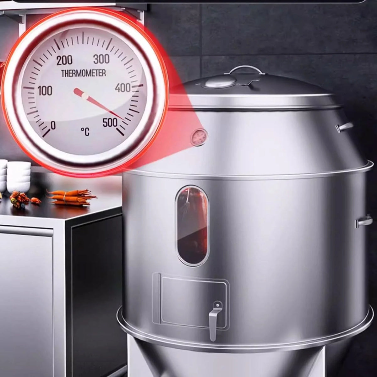 Defumador e Churrasqueira Barril de Grande Capacidade Fabricado em Aço Inoxidável Totalmente Lavável Forno Circular Suspenso de 360° Com Termômetro e Porta Central Churrasqueira Portátil