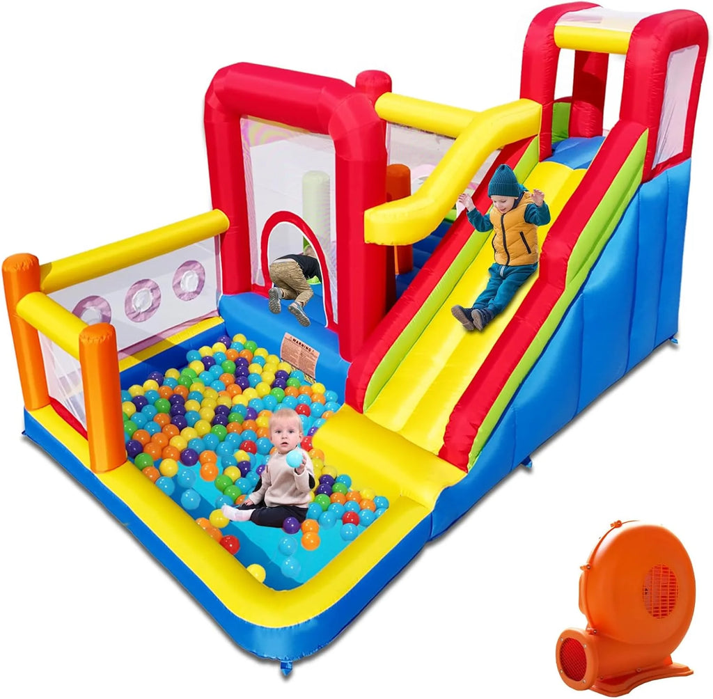 Castelo insuflável infantil com soprador – Multifuncional, rede de segurança, seguro e duradouro, perfeito para qualquer estação, para interior/exterior