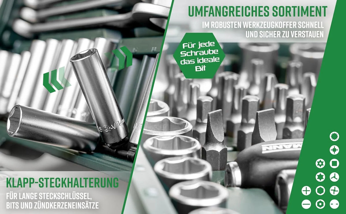 Mannesmann M98430 - Maleta de soquetes e outras ferramentas (215 peças, tamanho: 12x36x51 cm), Cor Verde Mannesmann
