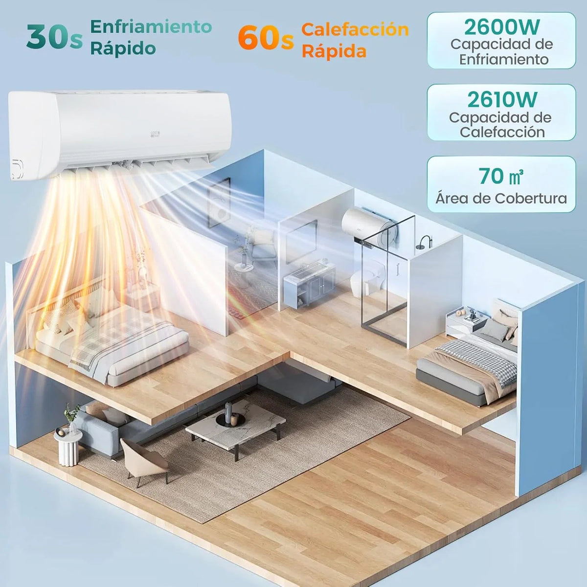 Ar Condicionado Split COSTWAY, 2,6 kW, Ar Condicionado com Aquecimento e Bomba de Calor, Refrigerante: R32, Aquecedor e Resfriador com Kit de Instalação para Cômodos de até 70m³ (9000BTU)