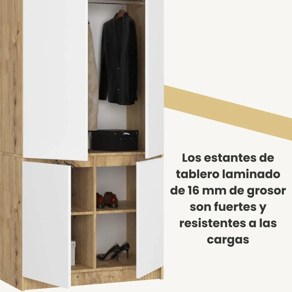 Guarda-Roupa AKORD S90 Carvalho Artesanal 90 cm 4 portas frente em branco 90x51x180 cm