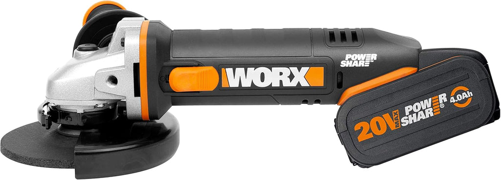WORX | Esmerilhadeira angular 125mm 20V | PowerShare | WX803 | Inclui 2 baterias de 2Ah e 4Ah | Bloqueio do fuso | Interruptor lateral | Sistema de ajuste rápido sem ferramentas | Punho auxiliar