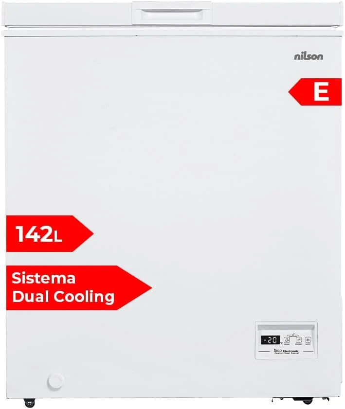 Nilson Congelador Horizontal Branco NCH1500EDC. Capacidade 142 Litros, Dual Cooling, 4 Estrelas, Modo Super Congelamento, Tecnologia Cíclica, Porta Basculante, 1 Cesto, Baixo Nível de Ruído
