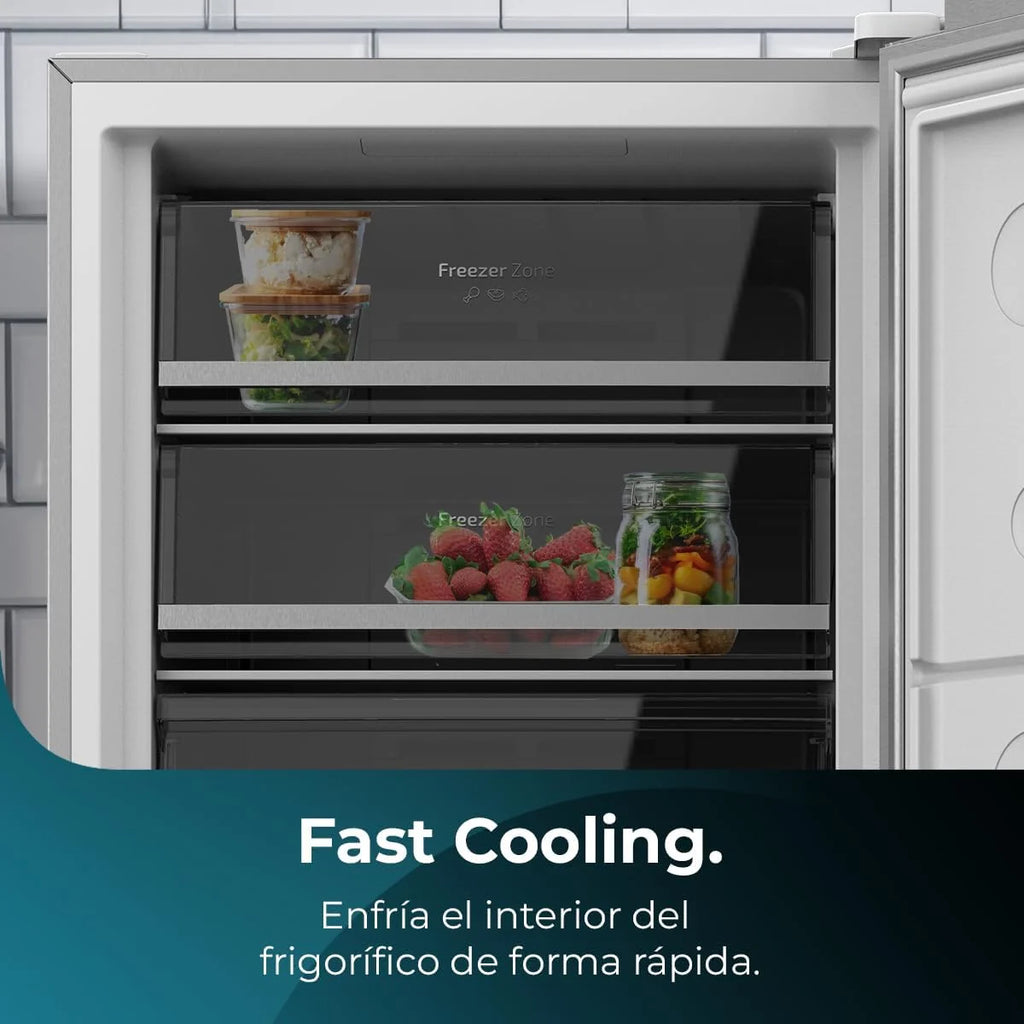 Cecotec Congelador Vertical de 380L Bolero CoolMarket UF 380 Inox D. 1950W, Motor Inverter Plus, Baixo Consumo, Total No Frost, Display na porta, Conversível em frigorífico, Multi Airflow