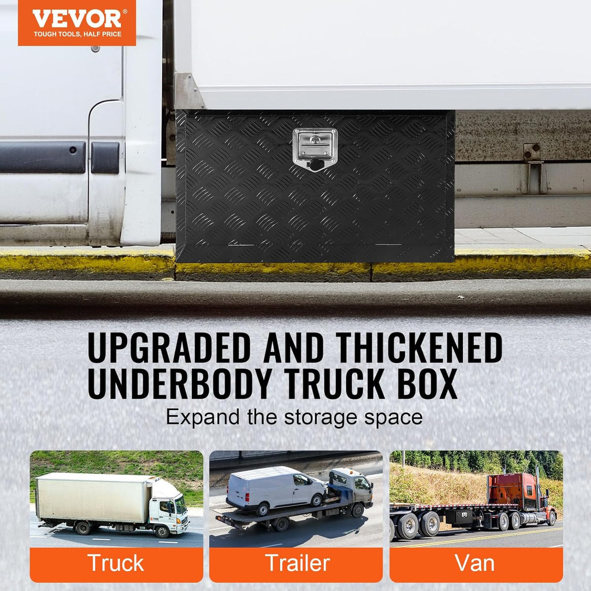 VEVOR Caixa de Ferramentas para Caminhões 914x432x457mm, Caixa de Chassis Inferior, Caixa de Armazenamento de Liga de Alumínio, Montagem Inferior com Trava e Chaves para Reboques, Caminhonetes, Preto