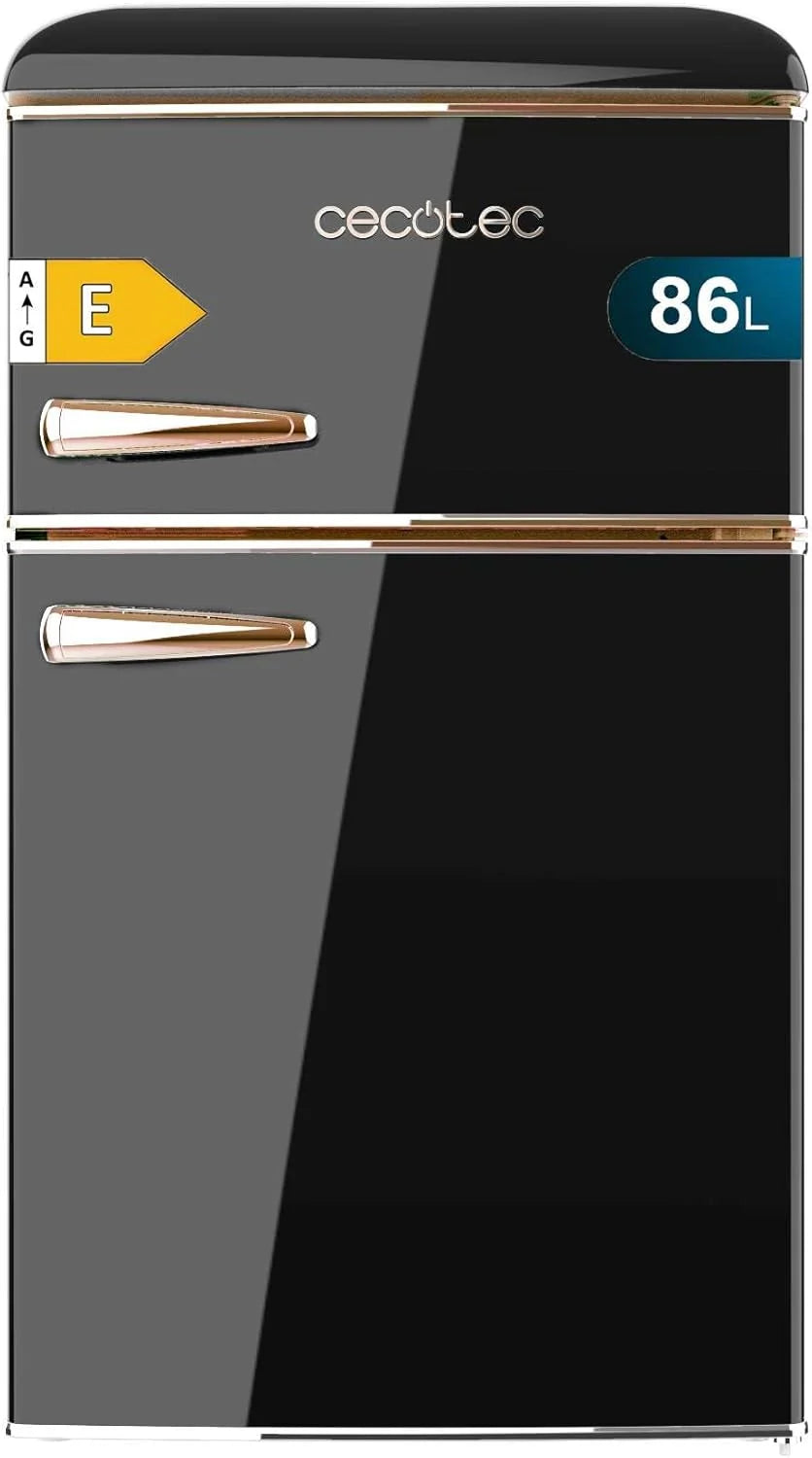 Geladeira Pequena Cecotec Frigorífico 2 Portas Retro 86L Bolero CoolMarket 2D Origin 86 Black E. 89,3cm de Altura e 48,7cm de Largura, Classe Energética E, Icebox, Luz Interior e Puxador Cromado, Preto