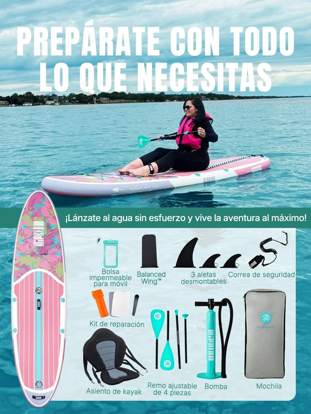 Niphean Prancha de Paddle Surf Inflável para Adultos com Todos os Acessórios, 320cm Paddle Surf Inflável para Todos os Níveis, SUP Capacidade 200kg para 2 Pessoas, Stand up Paddle Board com Assento
