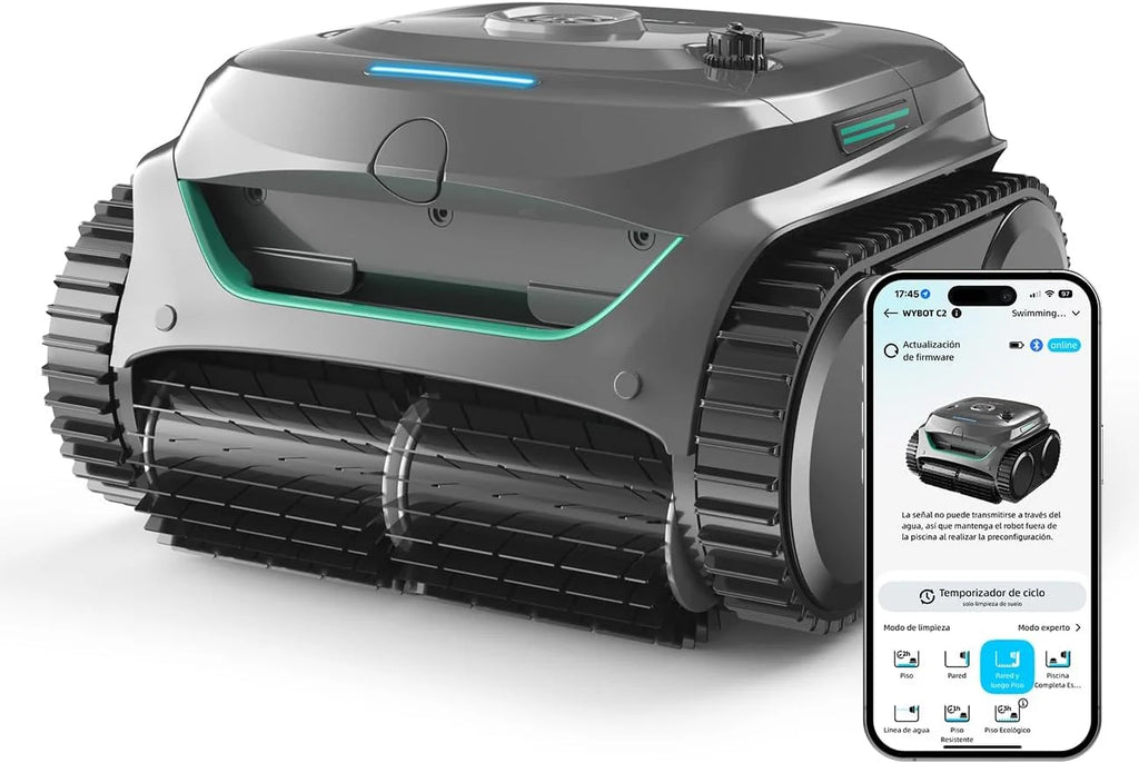 WYBOT C2 Limpa-Fundos de Piscina, Robô Limpa-Fundos de Piscina Sem Fio 150m², Filtragem Dupla, 3 Motores, Sucção Potente, Limpeza de Paredes e Linha de Água, 180 Min, App (Cinza-Verde Cinza)