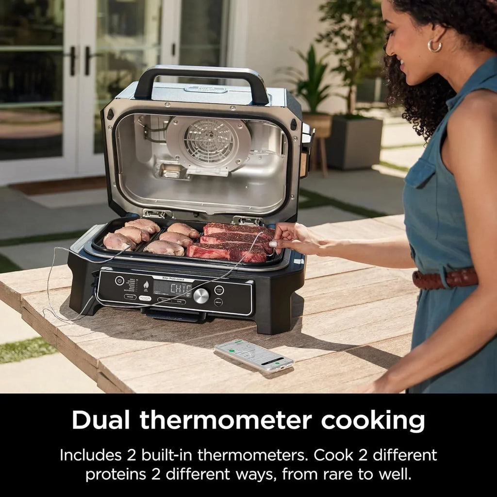 2026 Grelhador e defumador externo Ninja Woodfire Pro XL, termômetro, grelhador principal 4 em 1, churrasqueira defumadora, fritadeira de ar externa, forno, portátil, grelhador elétrico, cinza escuro, modelo OG850