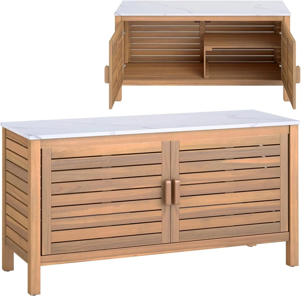 KOMFOTTEU Baú de Jardim de Madeira de Acácia, Caixa de Armazenamento com Porta Dupla e Tampa de Mármore Artificial, Baú Externo com Pés Ajustáveis, Contêiner Organizador para Pátio