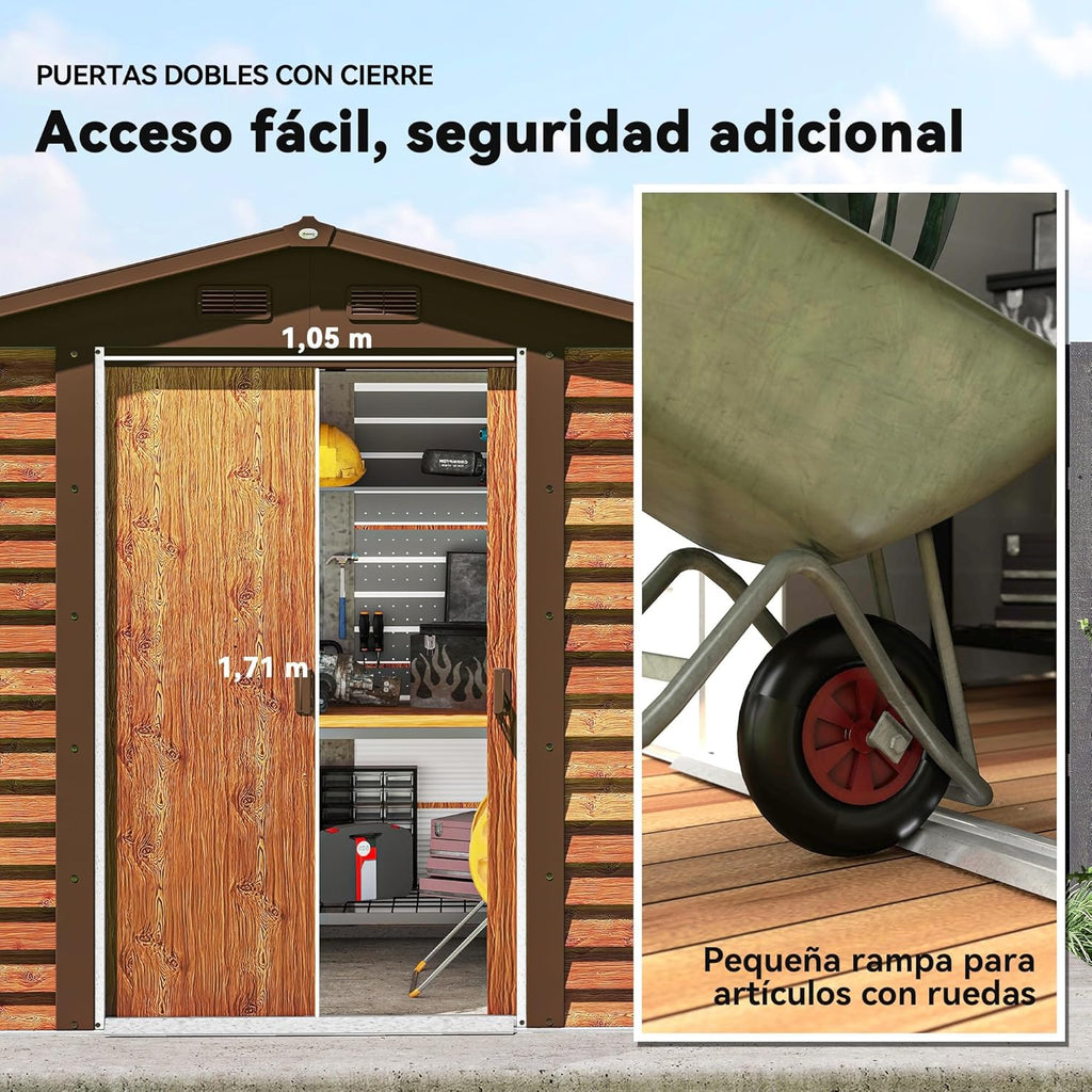 Outsunny Abrigo de Jardim Exterior 3 m² 235,7x152x208,7 cm Abrigo de Jardim Exterior Metálico com 2 Portas Deslizantes e 4 Janelas para Armazenamento de Ferramentas Efeito Madeira Natural e Café