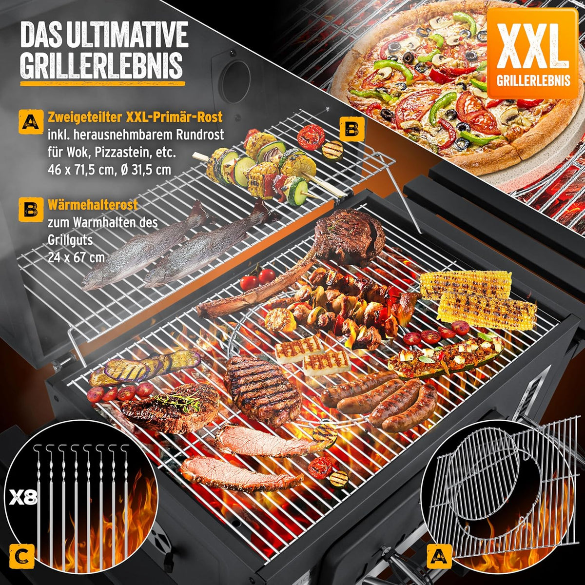 KESSER® Churrasqueira a Carvão com Carrinho Grelhador com Tampa, Rodas, Puxador em Aço Inoxidável | Grelhador e Termómetro a Carvão Grande BBQ Assador Acampamento, Terraço, Jardim XXL Cinza