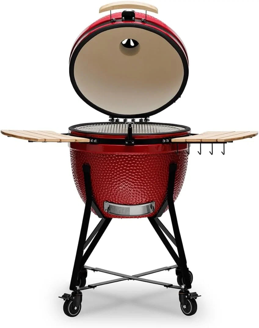 Kamado BONO BBQ - Churrasqueira Grande XXL com 10 acessórios - Ø 64 cm Churrasqueira Kamado com Acessórios - Grelhador defumador vermelho para terraço, varanda ou jardim