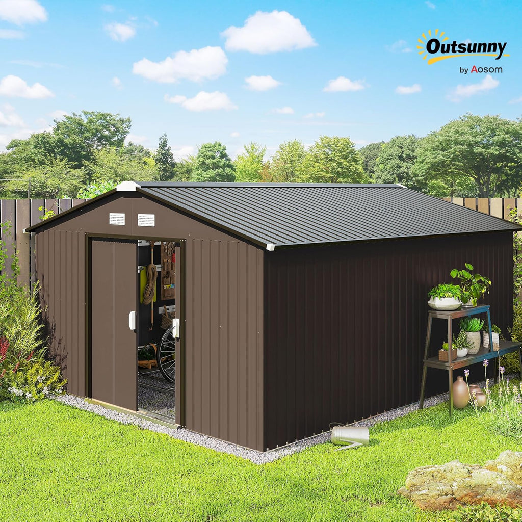 Outsunny Abrigo de Jardim Exterior, 12,4 m² 340x386x200 cm, Abrigo de Jardim Exterior Metálico com Teto de Fibra de Vidro, Porta Deslizante, Base de Reforço (Chão NÃO Incluído) e Janelas Marrom