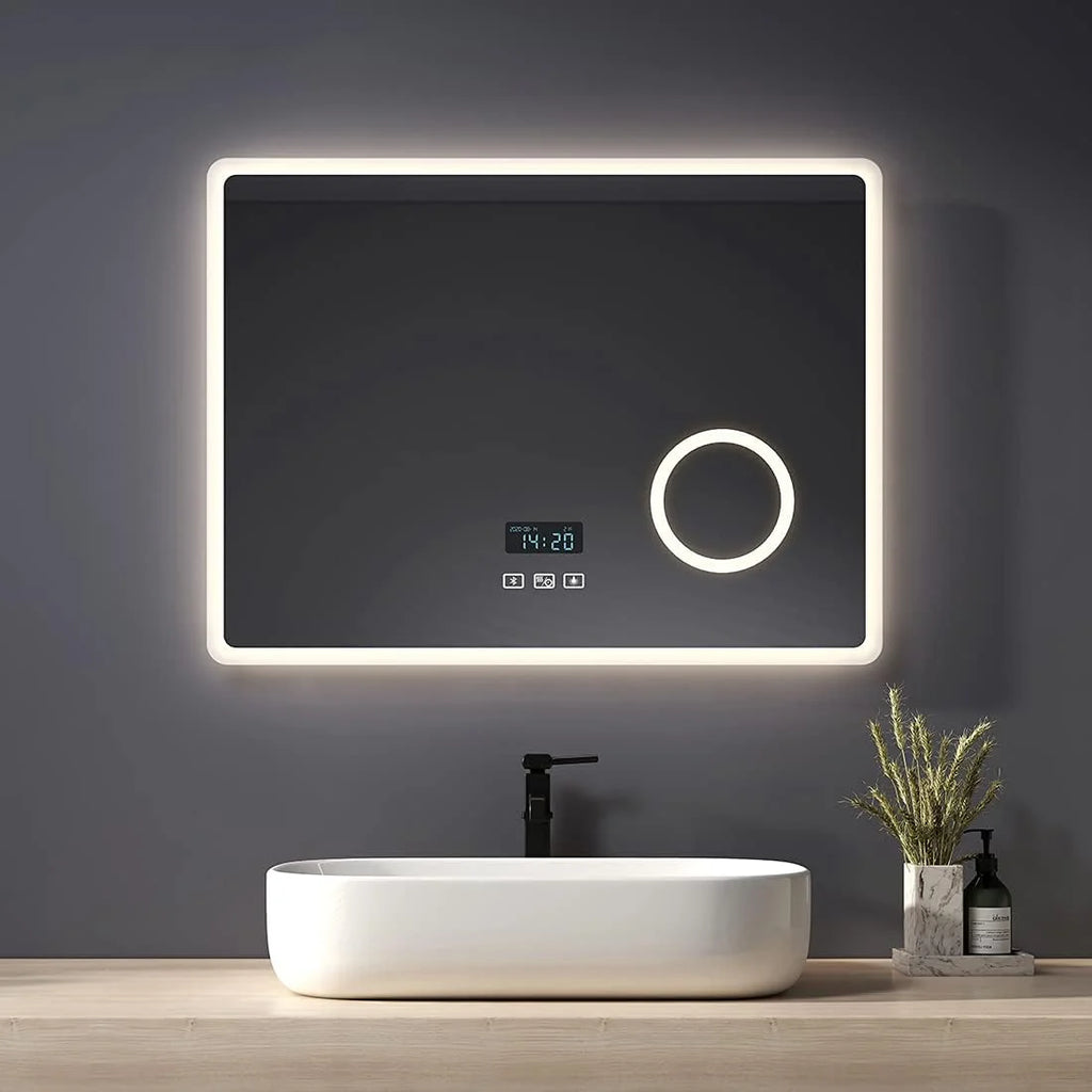 Heilmetz Espelho de Banheiro Iluminado por LED com Lupa 3X, 80 x 60 cm, com Interruptor de Toque e Função Antiembaçamento, Relógio e Bluetooth, Regulável, Três Cores, Tipo13