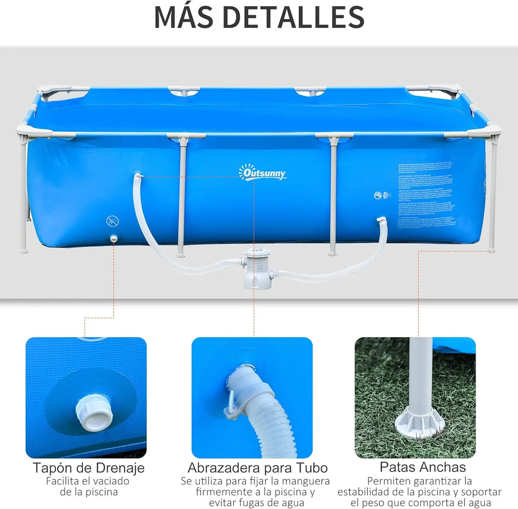 Outsunny Piscina Desmontável Tubular 252x152x65 cm com Bomba Filtrante de Cartucho 1200L/H Piscina Retangular Exterior para Adultos e Crianças 2163L Azul