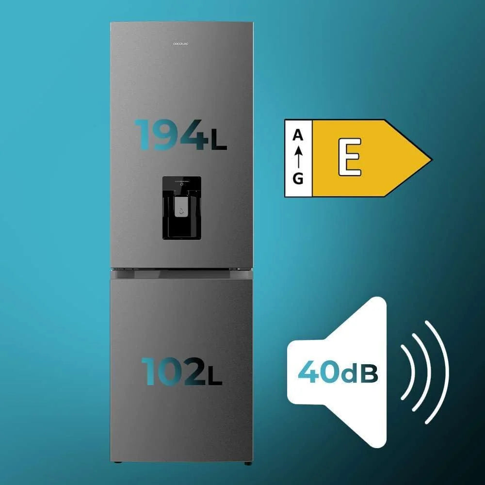 Cecotec Frigorífico Combinado 2 Portas com Dispensador de Água Bolero CoolMarket Combi 296 DF WD Dark E. 296L, 60cm de largura, Funções FastCooling, FastFreezing e DeFrost, LED interior, Inox Escuro