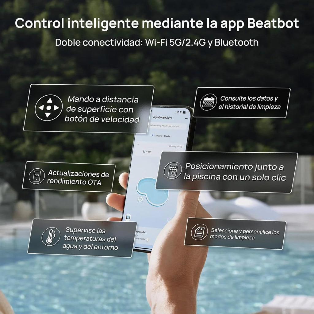 Beatbot AquaSense 2 Pro - Robô Aspirador de Piscina, Limpeza 5 em 2 Inigualável, Limpa a Superfície da Água com Navegação Remota, Estacionamento em Superfície, Clareia a Água, para Piscinas
