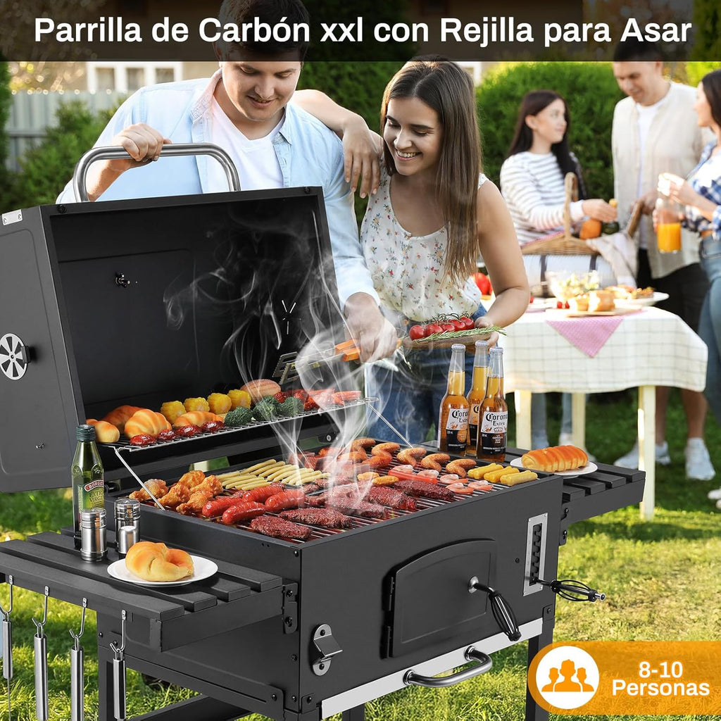 Churrasqueira a Carvão XXL, Churrasqueira a Carvão com Chaminé e Tampa, Churrasqueira com Carrinho, Defumador de Churrasco com Rodas e Termômetro, Churrasqueira Grande a Carvão para Acampamento e Jardim