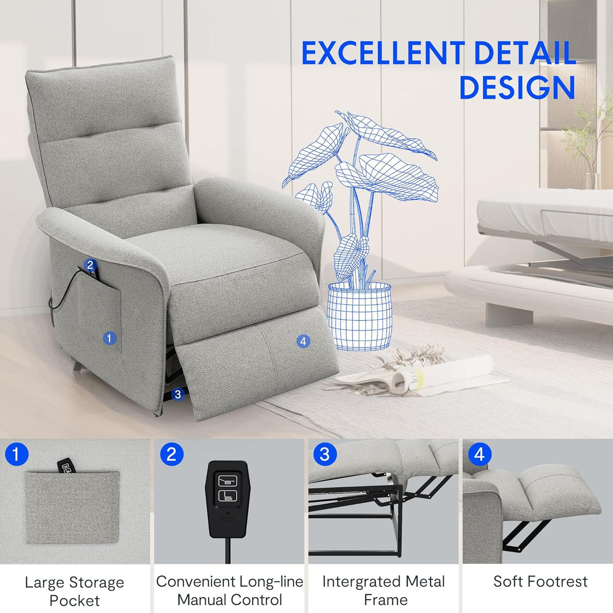 FLEXISPOT Poltrona Reclinável Elétrica com Encosto Ajustável, Reclinação de 105° a 155°, Poltrona Reclinável, Sofá Relax Ergonômico para Quarto, Sala de Estar e Home Theater (Cinza Escuro)