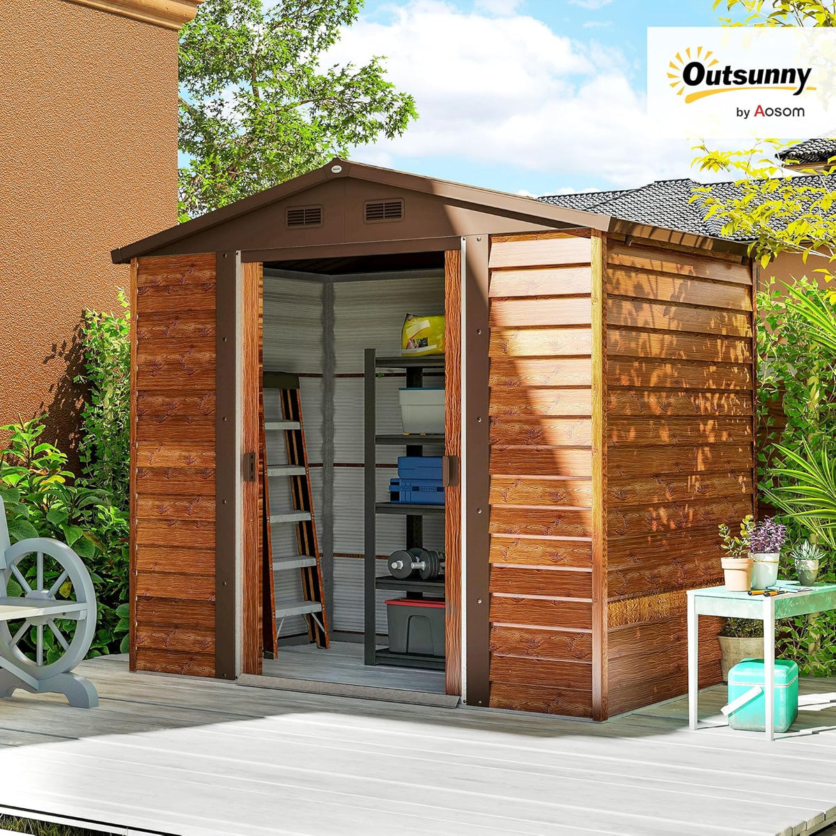 Outsunny Abrigo de Jardim Exterior 3 m² 235,7x152x208,7 cm Abrigo de Jardim Exterior Metálico com 2 Portas Deslizantes e 4 Janelas para Armazenamento de Ferramentas Efeito Madeira Natural e Café