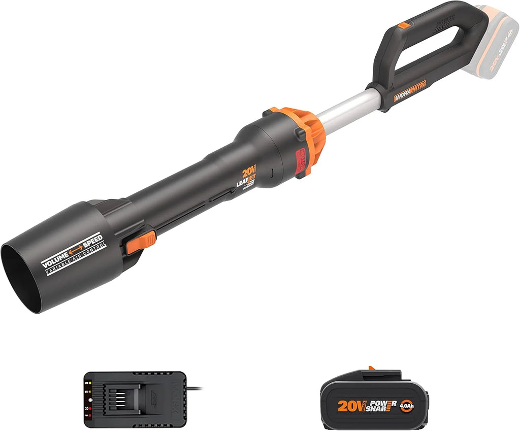 WORX WG543E Soprador de Folhas 20V-4Ah Nitro, superleve 1,7kg, Motor brushless, 209km/h, turbina de Alto Volume e Velocidade, para Limpeza de Jardins, Caminhos e Terrenos, Inclui Bateria e Carregador