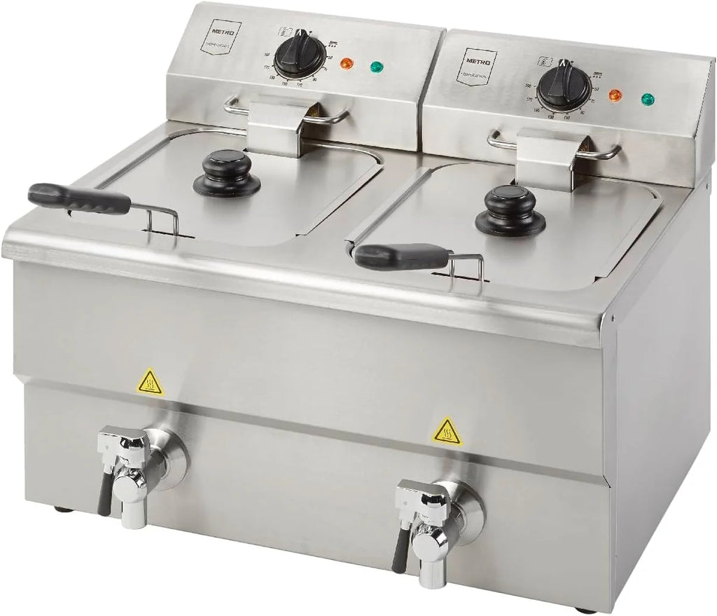 METRO Professional Fritadeira Dupla GDF5028, Aço Inox SS304, 2x 8 L, com Torneira, Regulador de Temperatura, Zona Fria, Prateado