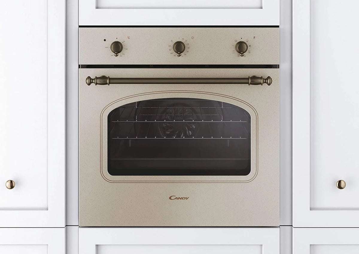 Candy FCC603NAV - Forno Elétrico Encastrável, ventilado, capacidade 65 litros, multifunções e função pizza, 8 programas, 56,8 x 59,5 x 59,5 cm, estilo rústico, aveia, classe A+