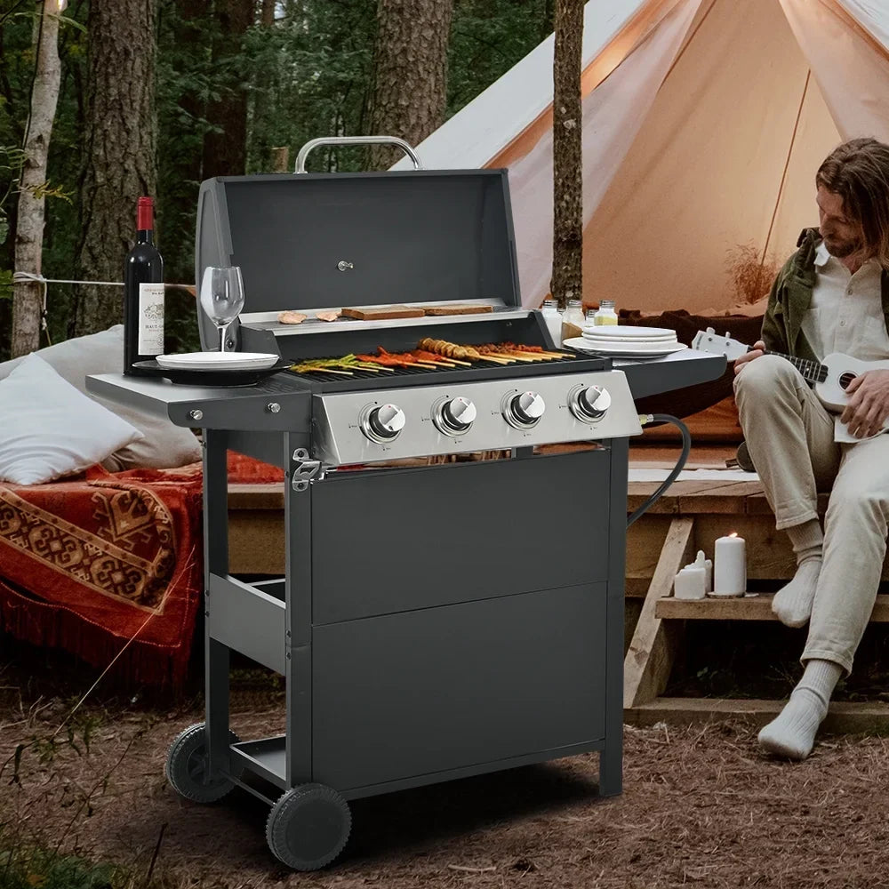 2026 Churrasqueira a gás SEGMART de 4 queimadores em aço inoxidável – 34.200 BTU, churrasqueira de jardim/pátio com duas prateleiras dobráveis e termômetro, ideal para camping e cozinha ao ar livre