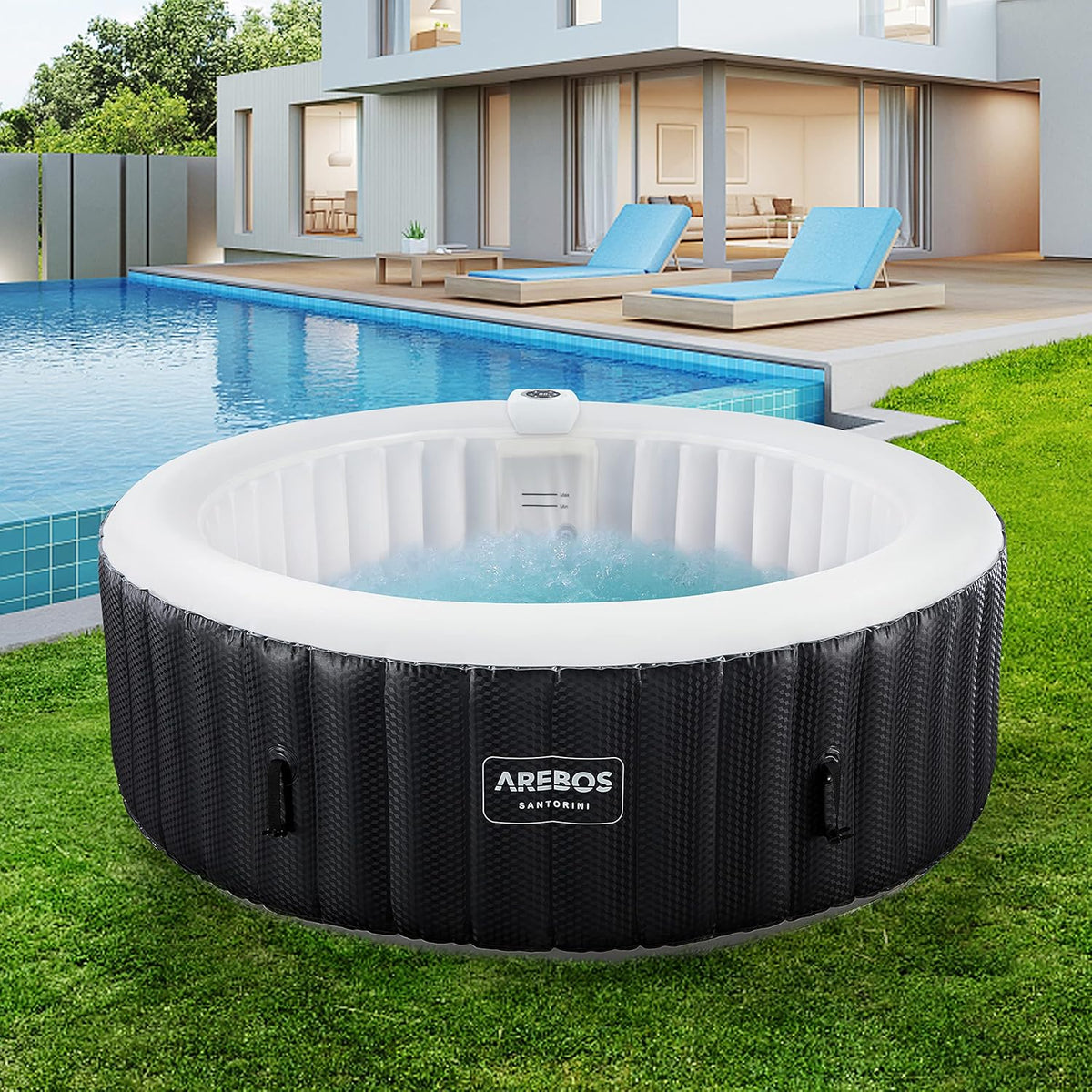Arebos SPA Inflável | Inflável Automático | para Uso Interno e Externo | ⌀ 208 cm | 6 Pessoas | Faixa de LED | 130 Jatos de Massagem | 1000 L | Inclui Cobertura | SPA e Massagem de Bolhas