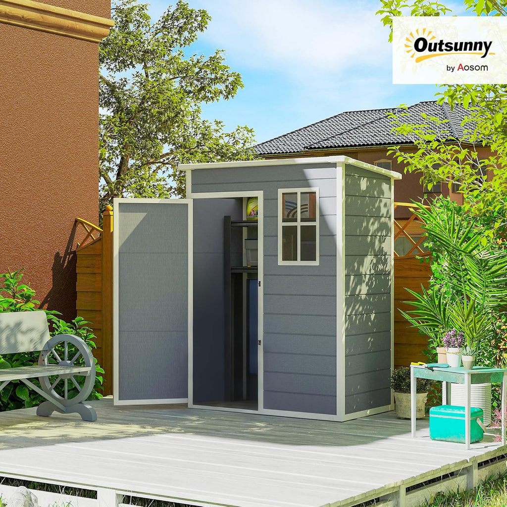 Outsunny Galpão de Jardim Exterior, 1,14 m², 151x92x193 cm, Abrigo de Jardim Exterior com Piso, Porta Deslizante, Janela e Teto Inclinado, para Armazenamento de Ferramentas, Cinzento
