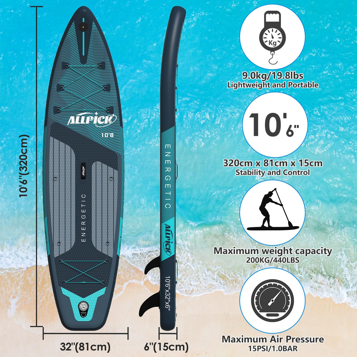 Prancha de Stand Up Paddle Inflável Premium ALLPICK 2026 (Verde Premium) – Kit Completo com Suporte Universal para Câmera, Remo Ajustável, para Iniciantes e Avançados, Capacidade 180 kg