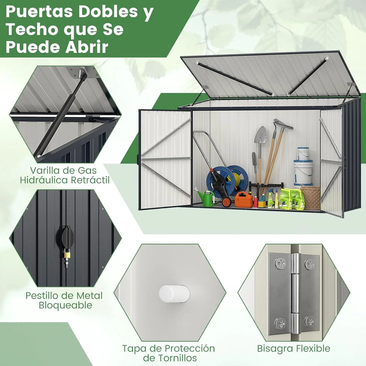 GOPLUS 1,9 m³ Abrigo de Jardim em Aço Galvanizado, 193 x 86 x 127 cm, Armário de Exterior com Porta Dupla e Fechaduras, Alavanca Hidráulica, Casa para Ferramentas, Bicicletas, Caixotes de Lixo