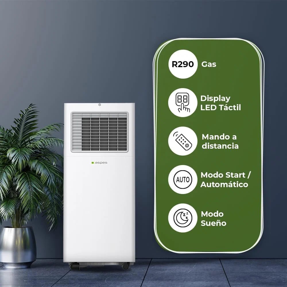 Aspes Aparelho de Ar Condicionado Portátil, 9000 BTU. AAAP900F. Só Frio, Display LED Tátil, Temporizador, Controlo Remoto, Kit de instalação de janela incluído, Classe Energética A