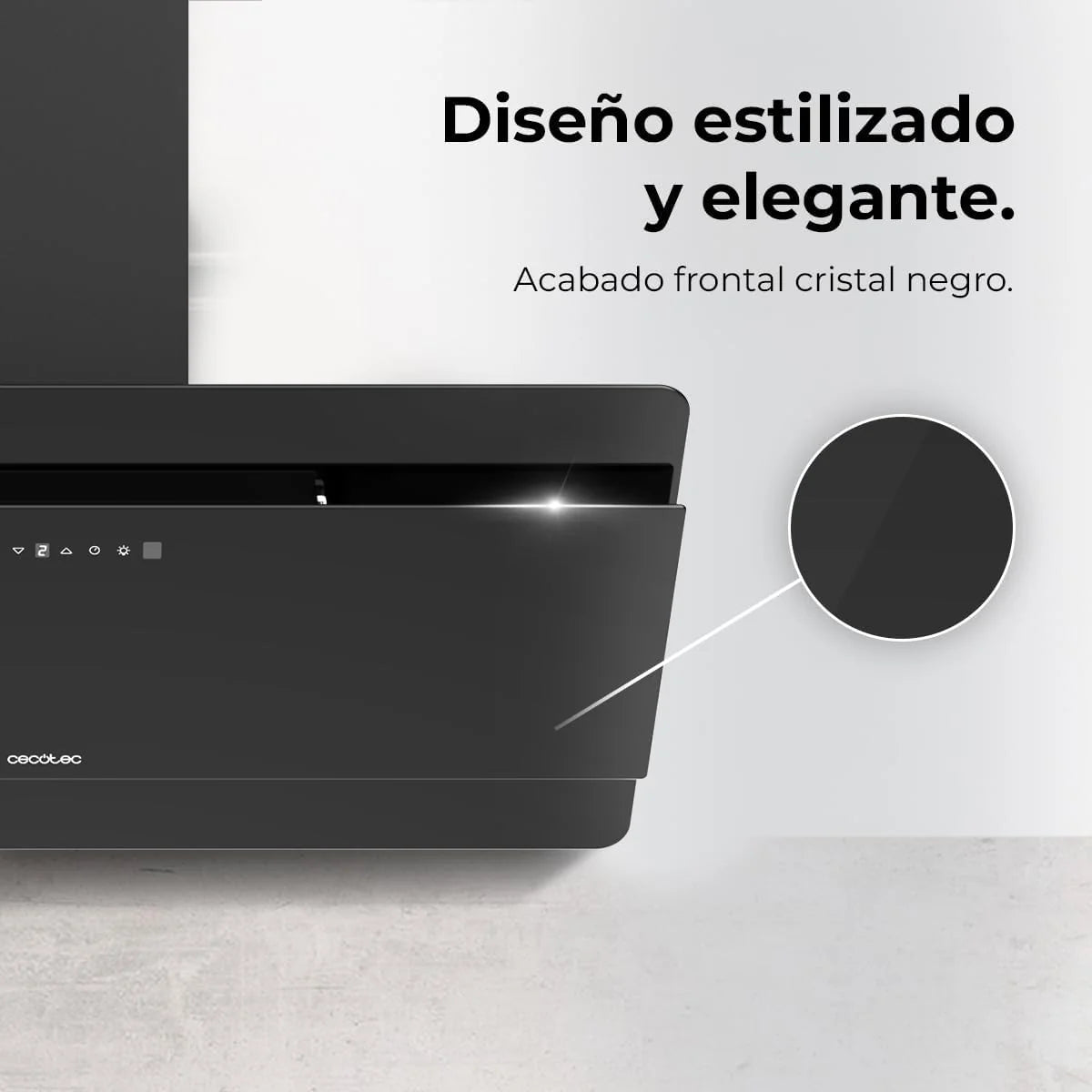 Cecotec Coifa Decorativa 90 cm Flux Dt 908000 Glass Black A++. Vidro Preto, 800m³/h de Potência, Motor 210W, A++, Controle Touch, 3 Níveis + Booster, Controle por Movimento de Mão