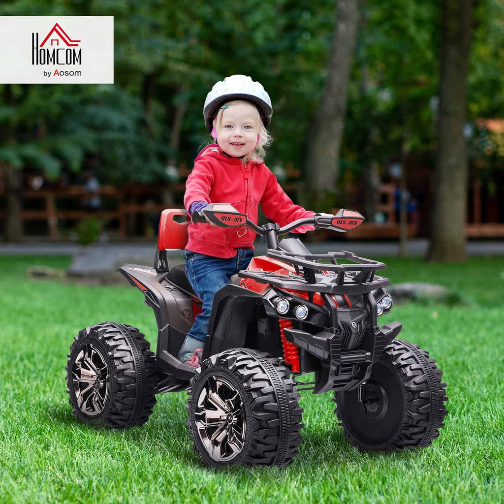 HOMCOM Quad Elétrico 12V para Crianças +3 Anos com 2 Motores Faróis Música Pneus de Suspensão Botões de Avanço e Retrocesso Veículo Elétrico a Bateria 100x65x73 cm Vermelho