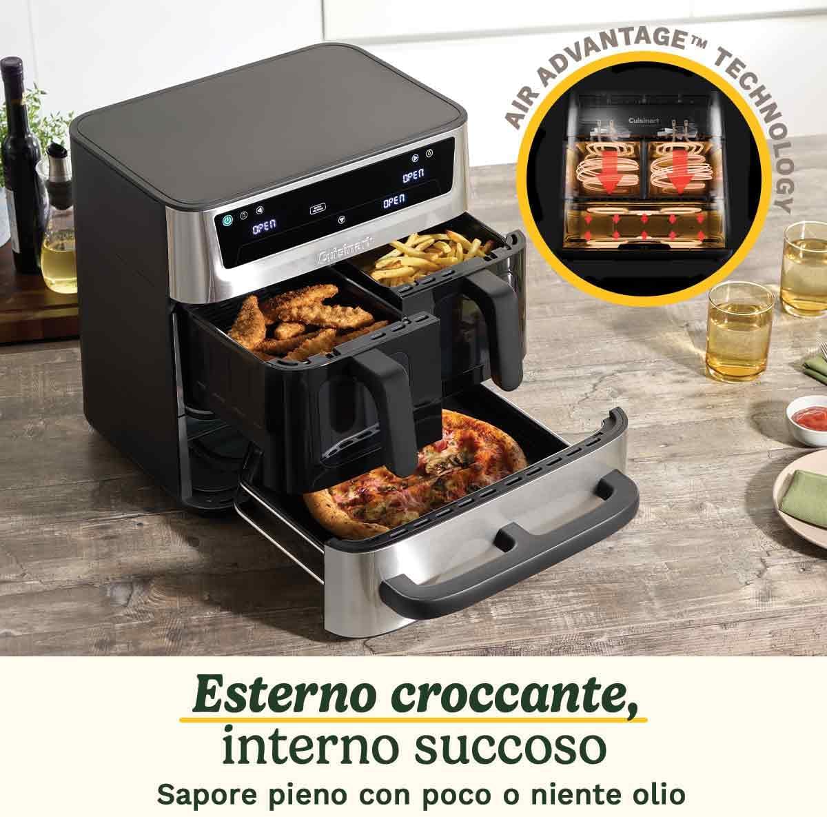 Fritadeira e Forno de Ar Tri Zone Cuisinart 13,6L sem PFAS | 3 zonas | 2 cestos de 4,3L + forno de 5L | 9 funções: fritar com ar, assar, grelhar, cozer, reaquecer, desidratar, pizza, tostar, manual