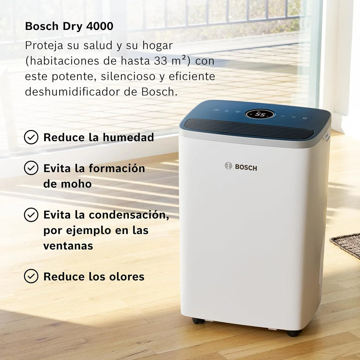 Bosch Desumidificador Dry 4000 - Fácil. Eficiente. Silencioso. Para sua Casa e Quarto - Para Ambientes de até 33 m² - Secagem Rápida para suas Roupas