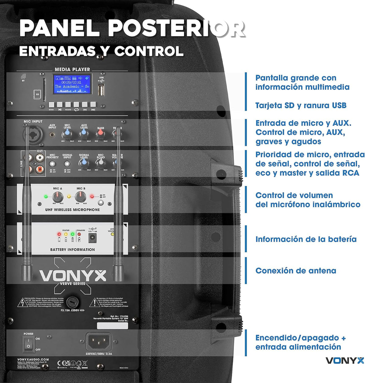 Vonyx Verve46 Poderosa Caixa de Som Bluetooth 1000 W, Caixa de Som Portátil Amplificada com Microfone de Karaokê, Caixa de Som Bluetooth USB, SD, MP3, AUX, 2 Microfones UHF, Controle Remoto, Subwoofer 15 Polegadas, Preto