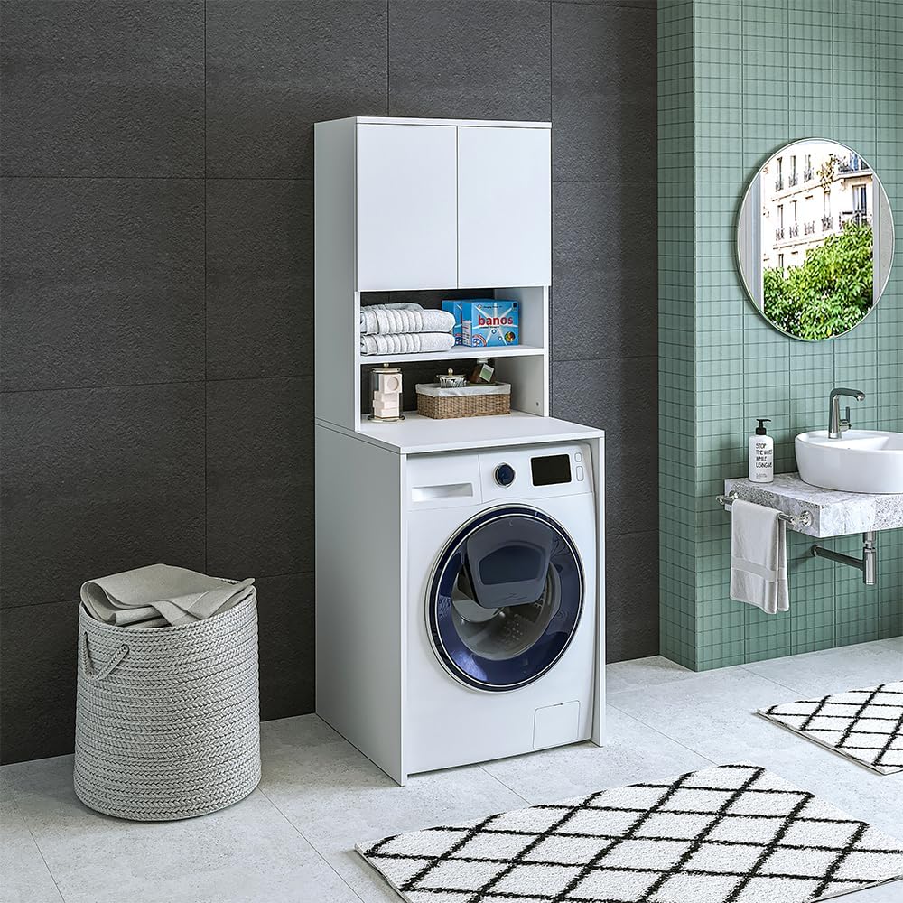 ROOMART, banheiro, extensão da máquina de lavar, torre de lavanderia, prateleira para máquina de lavar, L x P x A: 65 x 181 x 60 cm (branco)