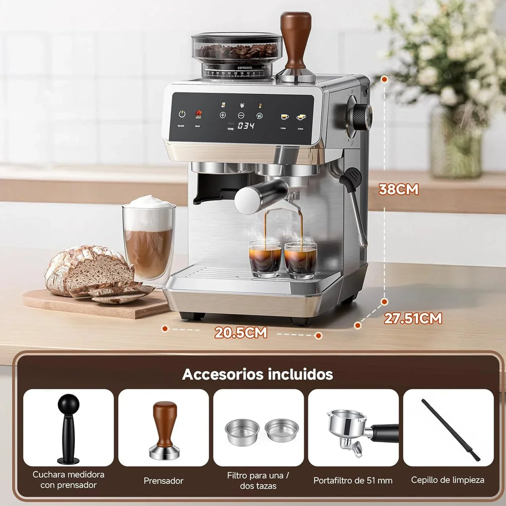 Máquina de Café Espresso AMZCHEF com Moedor Integrado 20 Bares – Cafeteira com 44 Configurações de Moagem, Vaporizador de Leite, 4 Temperaturas, Função Café Frio, Aço Inoxidável, Reservatório de 1,8L