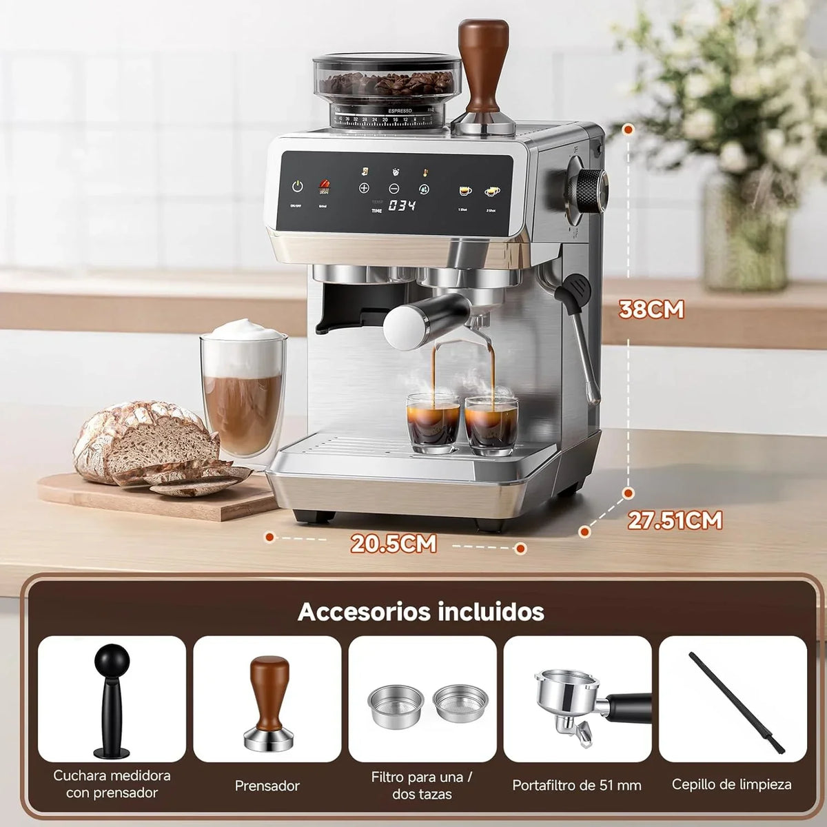 Máquina de Café Espresso AMZCHEF com Moedor Integrado 20 Bares – Cafeteira com 44 Configurações de Moagem, Vaporizador de Leite, 4 Temperaturas, Função Café Frio, Aço Inoxidável, Reservatório de 1,8L