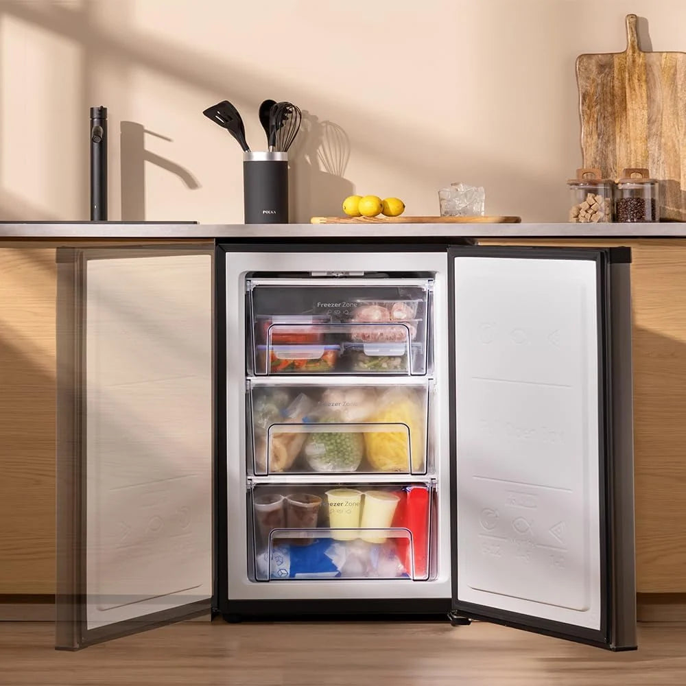 Cecotec Congelador Vertical de Mesa 97 L Bolero CoolMarket TF 97 Inox, Classe Energética E, Design compacto, Porta reversível, 3 Gavetas, Medidas 55,1 x 57,5 x 83,5 cm, Cor Inox