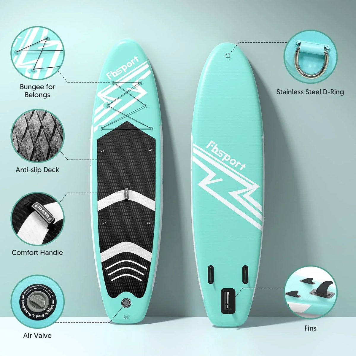 2026 FBSPORT Prancha de Paddle Surf Inflável, Espessura 15 cm, Kit Completo com Remo de Alumínio Ajustável e Bomba (Verde)