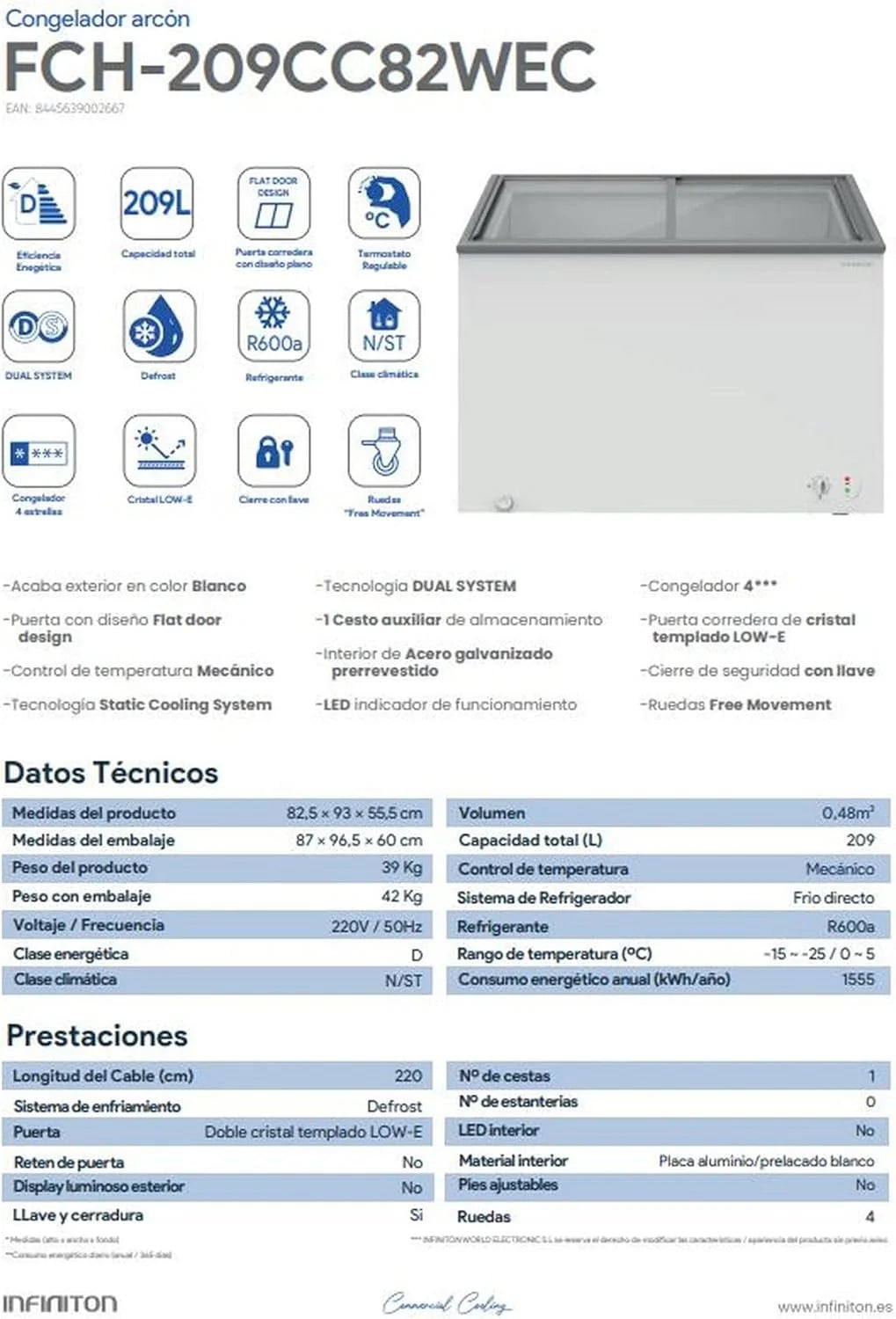INFINITON Arca Congeladora Industrial FCH-209CC82WEC, 209 Litros, Porta com design Flat door, Controle de temperatura Mecânico, D, Rodas, Fecho de segurança com chave